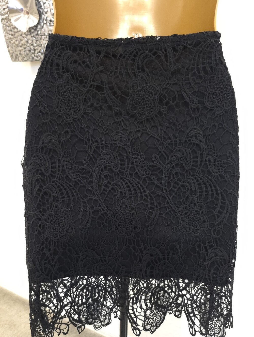 Ambiance Apparel Black Lace Pencil Skirt Womens Large Stretch Floral Mini Lined